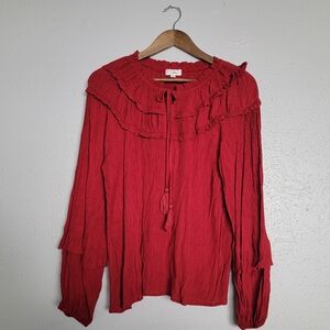 Oddi Red Ruffled Tassel Flowy Blouse